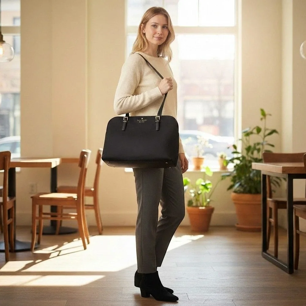 Kate Spade New York Black‎ Nylon Leather Trim Triple Compartment Tote Bag